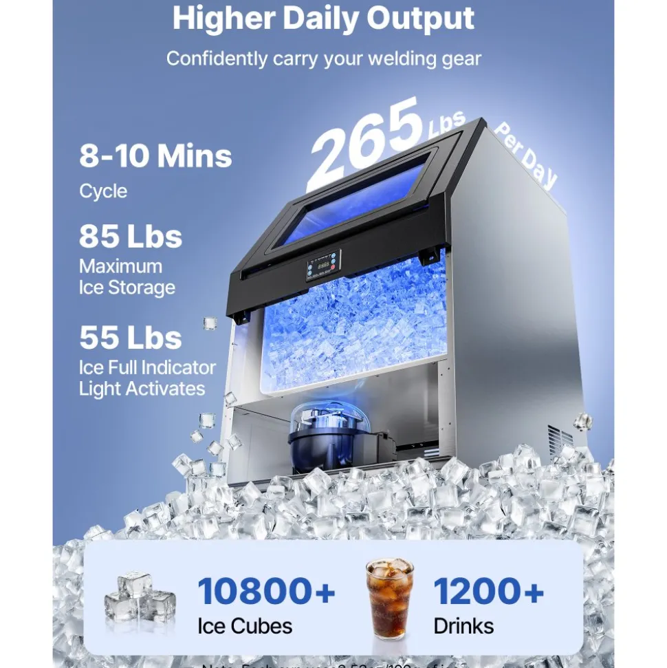 VEVOR Commercial Ice Maker Machine, 265 lbs/24h with 85 lbs Storage Capacity, Built-in/Freestanding/Under Counter, Stainless Steel Ice Maker with LED Display & Self-Cleaning, for Home Bar Restaurant