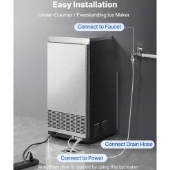 VEVOR Commercial Ice Maker Machine with Pump, 130Lbs/24H with 33Lbs Storage, 45 Cubes per Cycle, Freestanding & Under Counter Ice Maker with LED Display & Self-Cleaning, for Home Bar Restaurant
