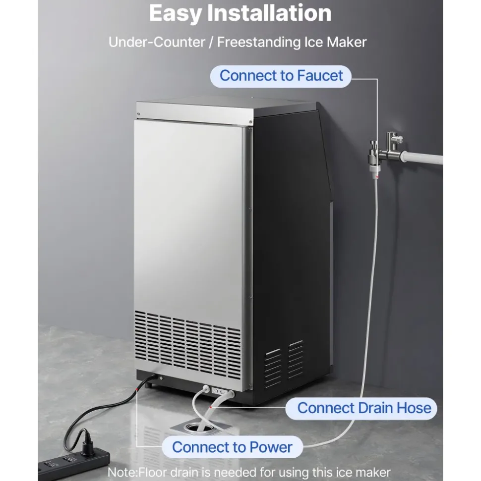VEVOR Commercial Ice Maker Machine with Pump, 130Lbs/24H with 33Lbs Storage, 45 Cubes per Cycle, Freestanding & Under Counter Ice Maker with LED Display & Self-Cleaning, for Home Bar Restaurant