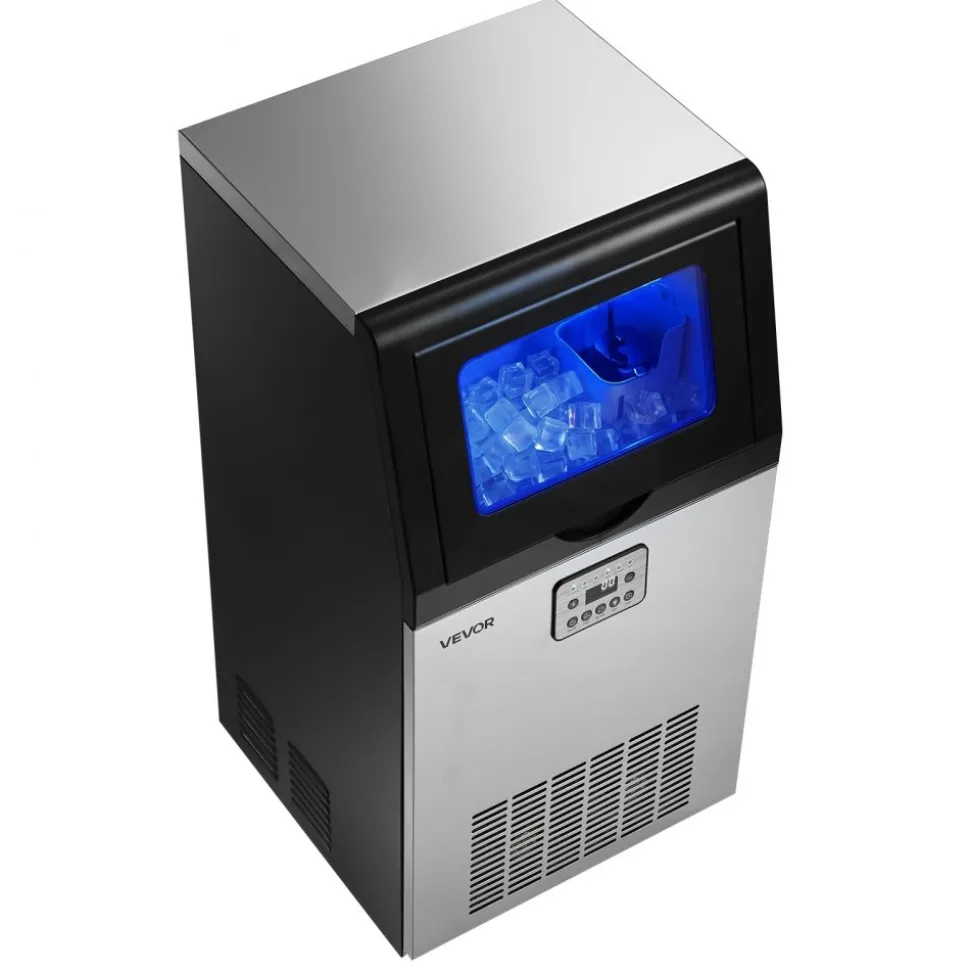 VEVOR Commercial Ice Maker Machine with Pump, 130Lbs/24H with 33Lbs Storage, 45 Cubes per Cycle, Freestanding & Under Counter Ice Maker with LED Display & Self-Cleaning, for Home Bar Restaurant