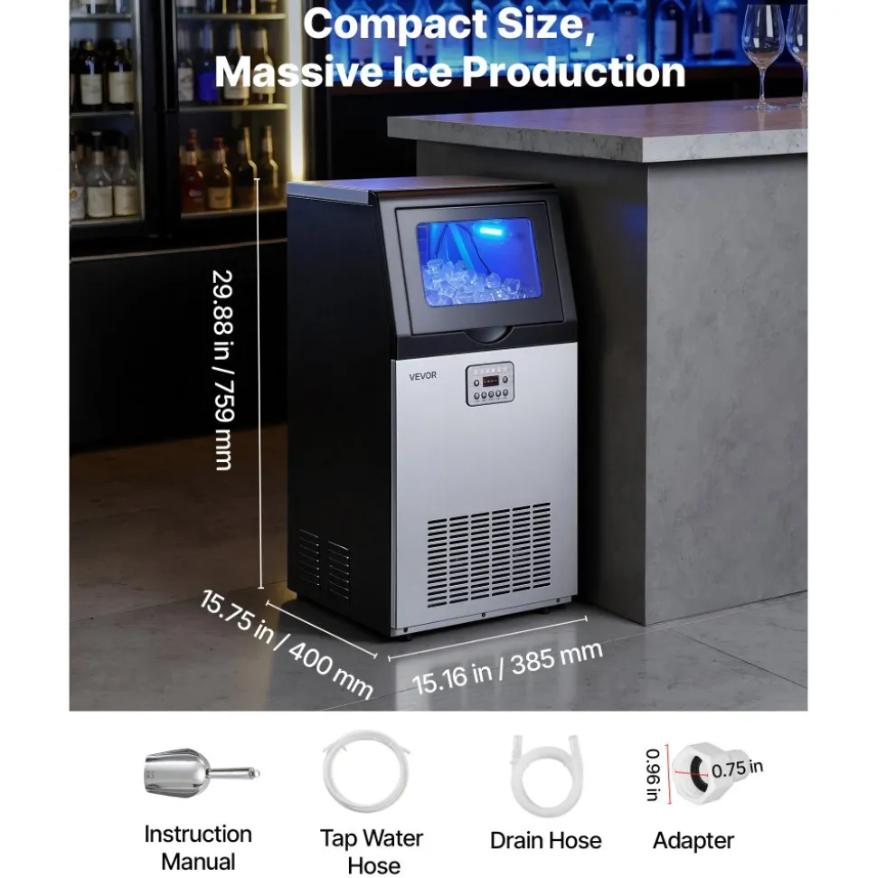 VEVOR Commercial Ice Maker Machine with Pump, 130Lbs/24H with 33Lbs Storage, 45 Cubes per Cycle, Freestanding & Under Counter Ice Maker with LED Display & Self-Cleaning, for Home Bar Restaurant