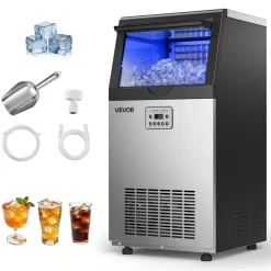 VEVOR Commercial Ice Maker Machine with Pump, 130Lbs/24H with 33Lbs Storage, 45 Cubes per Cycle, Freestanding & Under Counter Ice Maker with LED Display & Self-Cleaning, for Home Bar Restaurant