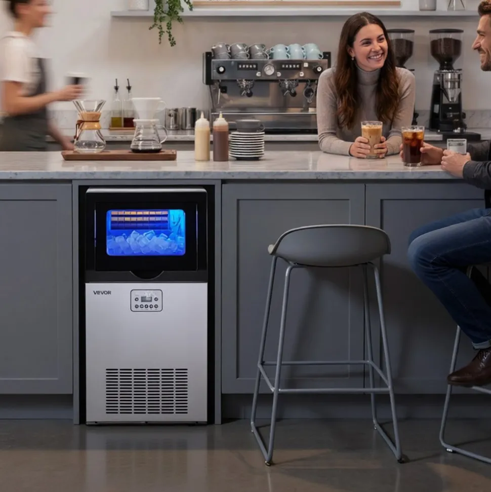 VEVOR Commercial Ice Maker Machine with Pump, 130Lbs/24H with 33Lbs Storage, 45 Cubes per Cycle, Freestanding & Under Counter Ice Maker with LED Display & Self-Cleaning, for Home Bar Restaurant