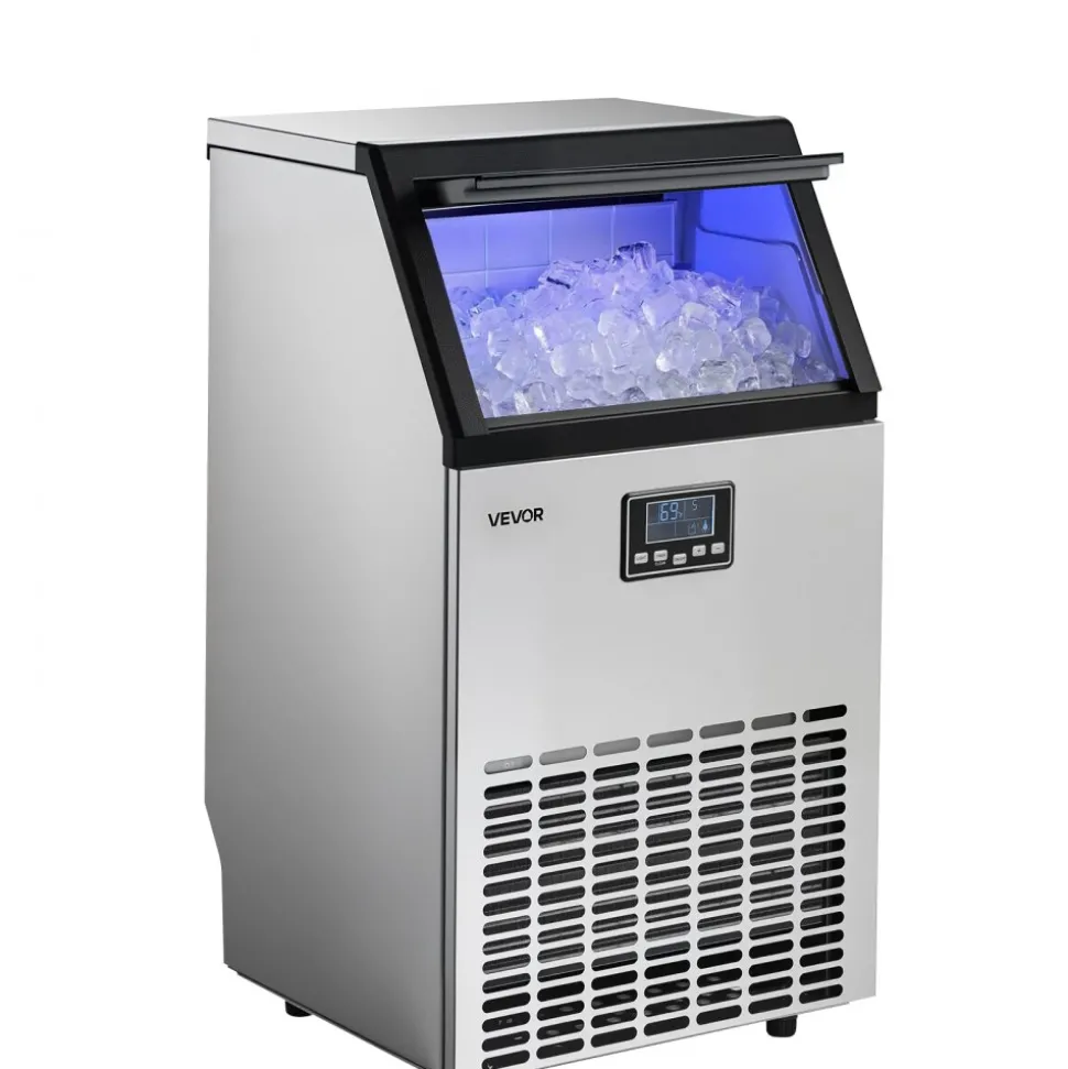 VEVOR Commercial Ice Maker Machine, 100 lbs/24h with 26 lbs Storage Capacity, Built-in/Freestanding/Under Counter, Stainless Steel Ice Maker with LED Display & Self-Cleaning, for Home Bar Restaurant