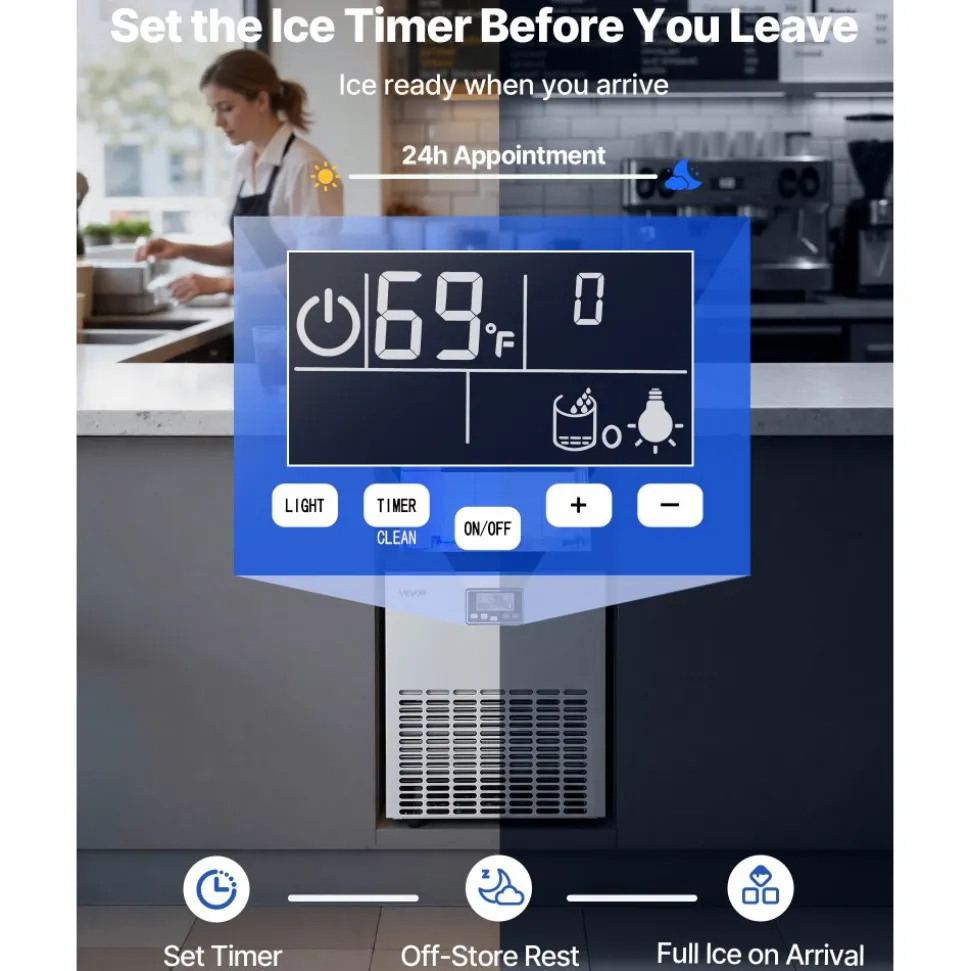 VEVOR Commercial Ice Maker Machine, 100 lbs/24h with 26 lbs Storage Capacity, Built-in/Freestanding/Under Counter, Stainless Steel Ice Maker with LED Display & Self-Cleaning, for Home Bar Restaurant