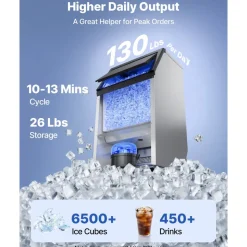 VEVOR Commercial Ice Maker Machine, 100 lbs/24h with 26 lbs Storage Capacity, Built-in/Freestanding/Under Counter, Stainless Steel Ice Maker with LED Display & Self-Cleaning, for Home Bar Restaurant