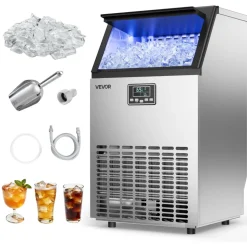 VEVOR Commercial Ice Maker Machine, 100 lbs/24h with 26 lbs Storage Capacity, Built-in/Freestanding/Under Counter, Stainless Steel Ice Maker with LED Display & Self-Cleaning, for Home Bar Restaurant