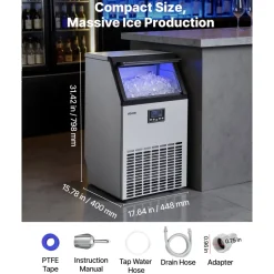 VEVOR Commercial Ice Maker Machine, 100 lbs/24h with 26 lbs Storage Capacity, Built-in/Freestanding/Under Counter, Stainless Steel Ice Maker with LED Display & Self-Cleaning, for Home Bar Restaurant
