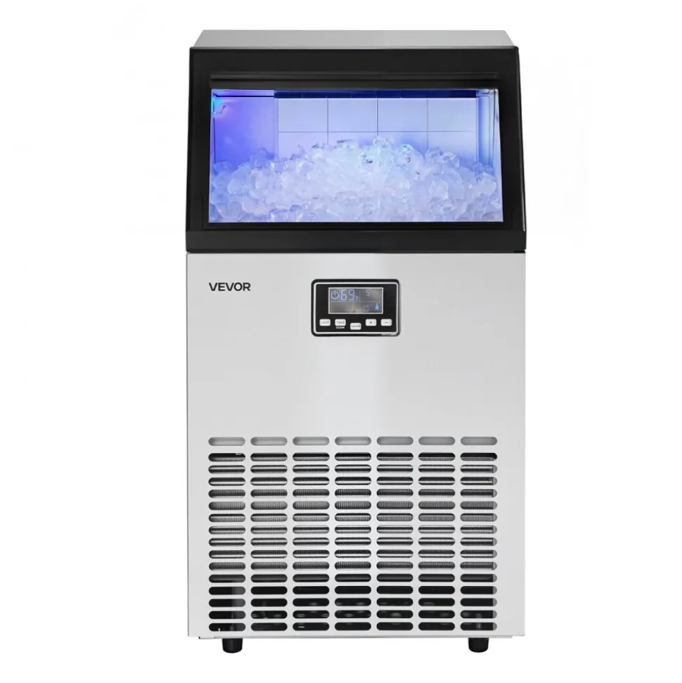 VEVOR Commercial Ice Maker Machine, 100 lbs/24h with 26 lbs Storage Capacity, Built-in/Freestanding/Under Counter, Stainless Steel Ice Maker with LED Display & Self-Cleaning, for Home Bar Restaurant