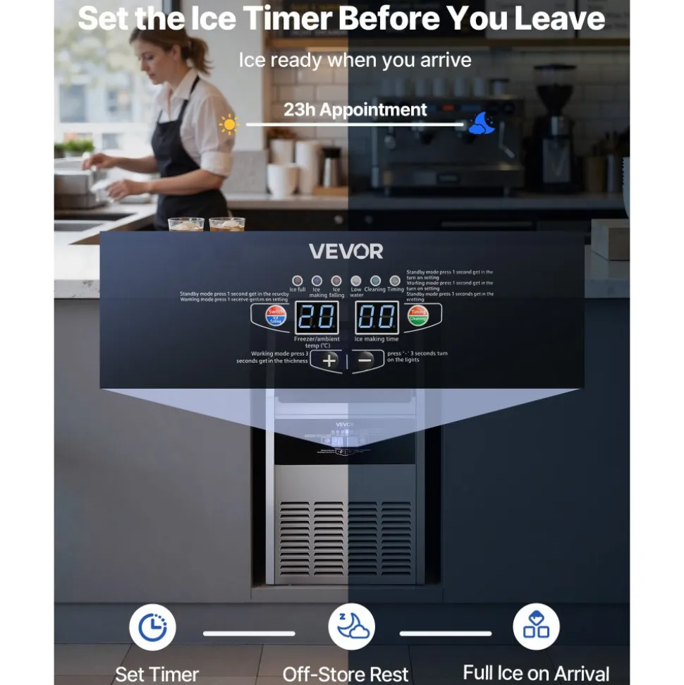 VEVOR Commercial Ice Maker Machine with Pump, 150 lbs/24h with 30 lbs Storage Capacity, Built-in/Freestanding/Under Counter, Stainless Steel Ice Maker with LED Display & Self-Cleaning, for Home Bar
