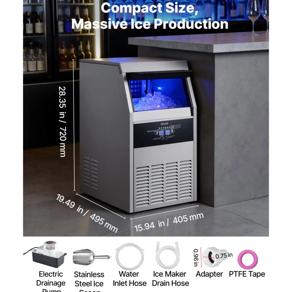 VEVOR Commercial Ice Maker Machine with Pump, 150 lbs/24h with 30 lbs Storage Capacity, Built-in/Freestanding/Under Counter, Stainless Steel Ice Maker with LED Display & Self-Cleaning, for Home Bar