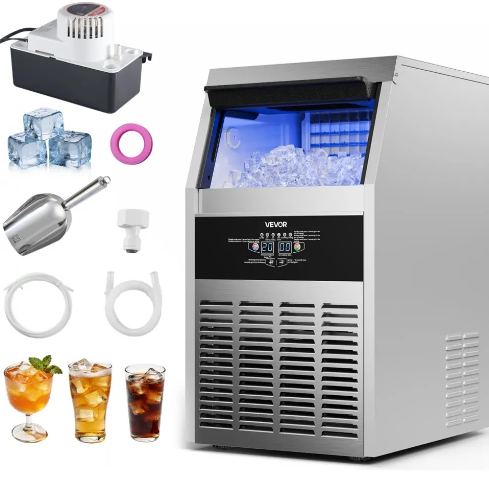 VEVOR Commercial Ice Maker Machine with Pump, 150 lbs/24h with 30 lbs Storage Capacity, Built-in/Freestanding/Under Counter, Stainless Steel Ice Maker with LED Display & Self-Cleaning, for Home Bar