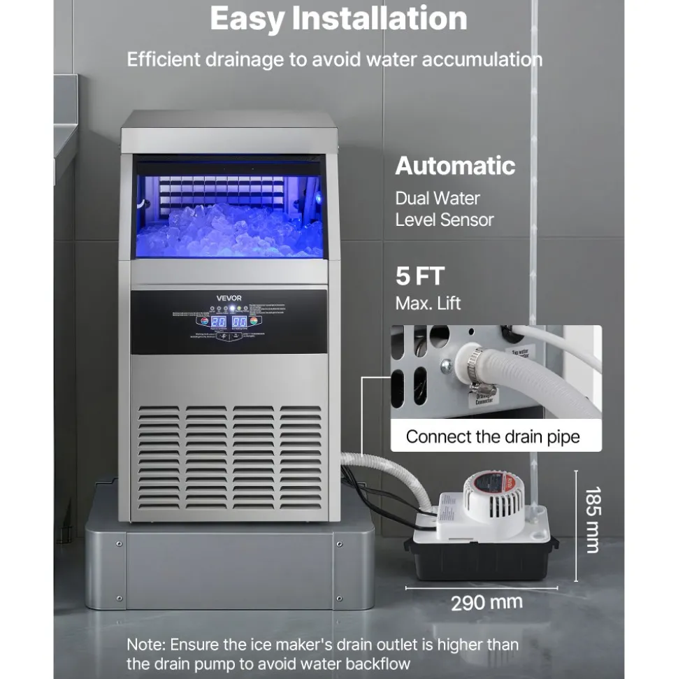 VEVOR Commercial Ice Maker Machine with Pump, 150 lbs/24h with 30 lbs Storage Capacity, Built-in/Freestanding/Under Counter, Stainless Steel Ice Maker with LED Display & Self-Cleaning, for Home Bar