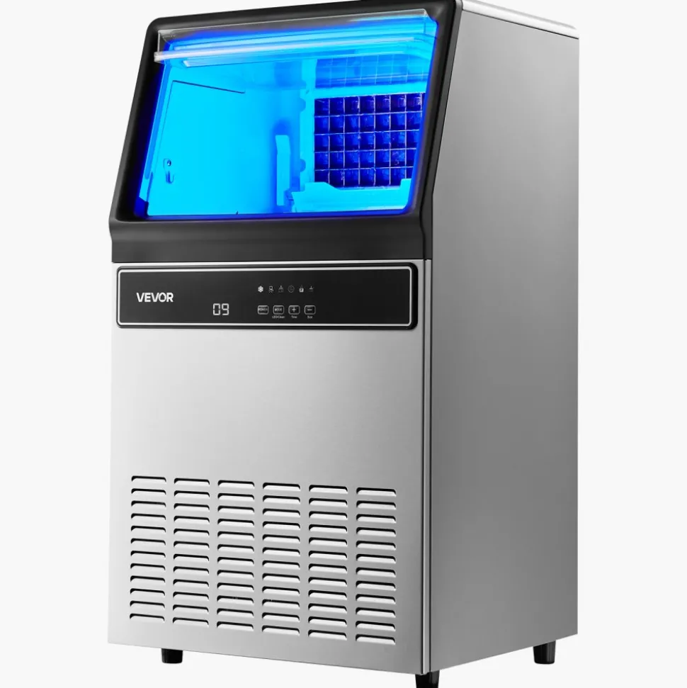 VEVOR Commercial Ice Maker Machine, 120Lbs/24H with 33Lbs Storage, 45 Cubes per Cycle, Stainless Steel Freestanding & Under Counter Ice Maker with LED Display & Self-Cleaning, for Home Bar Restaurant
