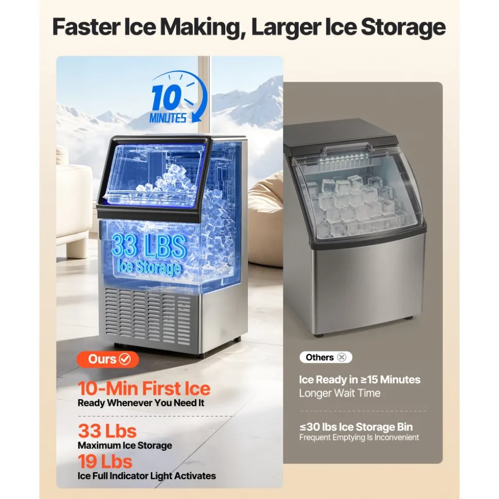 VEVOR Commercial Ice Maker Machine, 120Lbs/24H with 33Lbs Storage, 45 Cubes per Cycle, Stainless Steel Freestanding & Under Counter Ice Maker with LED Display & Self-Cleaning, for Home Bar Restaurant