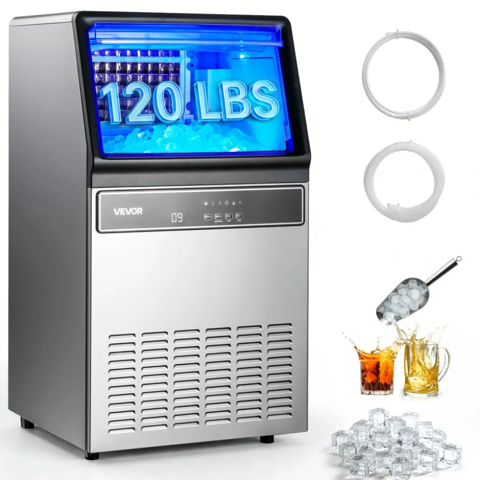 VEVOR Commercial Ice Maker Machine, 120Lbs/24H with 33Lbs Storage, 45 Cubes per Cycle, Stainless Steel Freestanding & Under Counter Ice Maker with LED Display & Self-Cleaning, for Home Bar Restaurant
