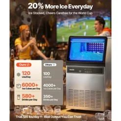 VEVOR Commercial Ice Maker Machine, 120Lbs/24H with 33Lbs Storage, 45 Cubes per Cycle, Stainless Steel Freestanding & Under Counter Ice Maker with LED Display & Self-Cleaning, for Home Bar Restaurant