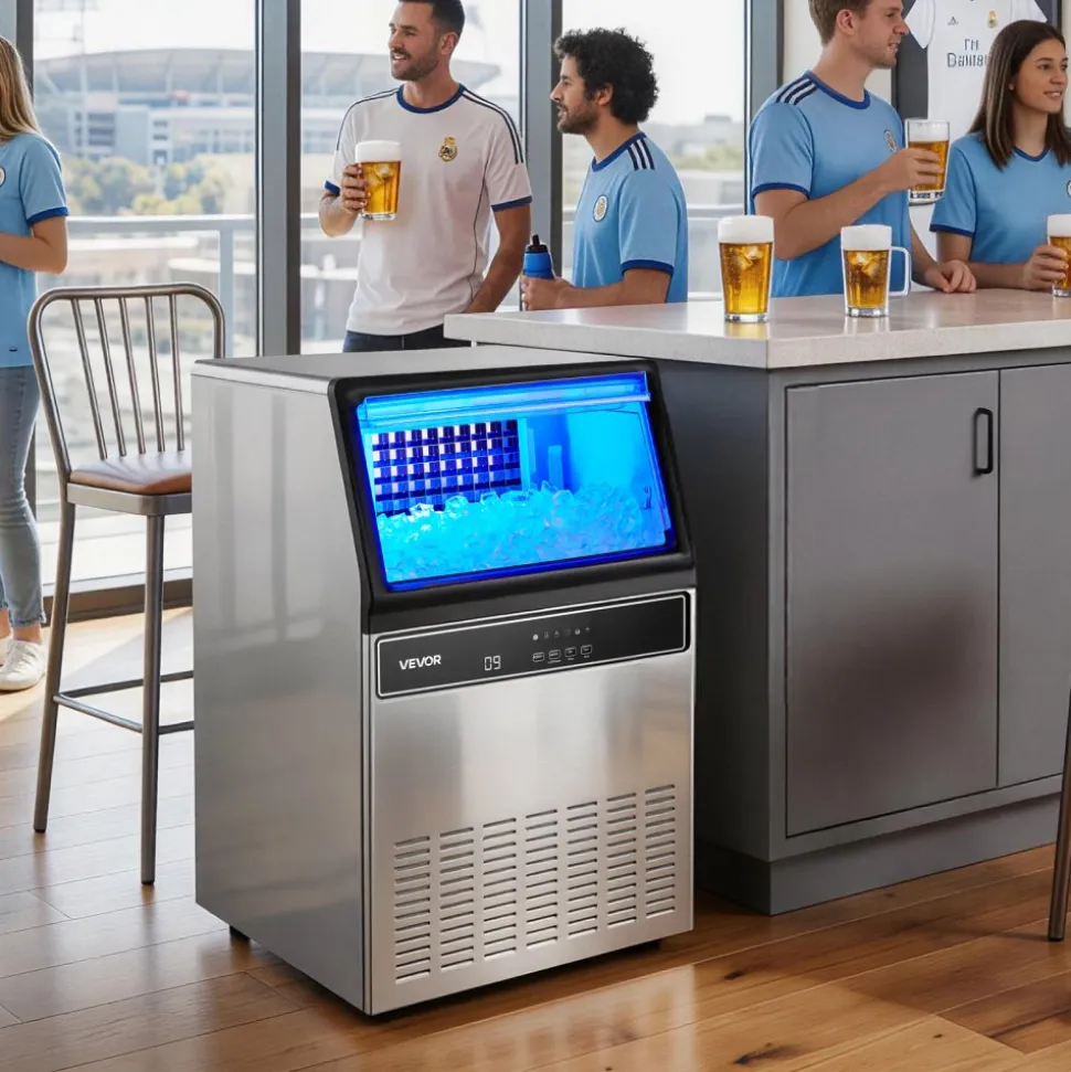 VEVOR Commercial Ice Maker Machine, 120Lbs/24H with 33Lbs Storage, 45 Cubes per Cycle, Stainless Steel Freestanding & Under Counter Ice Maker with LED Display & Self-Cleaning, for Home Bar Restaurant
