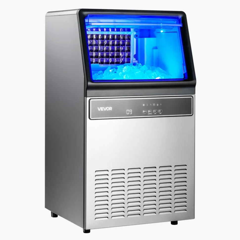 VEVOR Commercial Ice Maker Machine, 120Lbs/24H with 33Lbs Storage, 45 Cubes per Cycle, Stainless Steel Freestanding & Under Counter Ice Maker with LED Display & Self-Cleaning, for Home Bar Restaurant