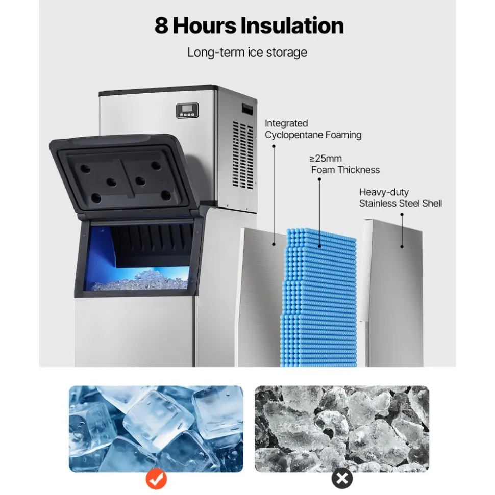VEVOR Commercial Ice Maker Machine, 132 lbs/24H Stainless Steel Ice Machine with Worktop, 30 lbs Storage & 70 Cubes/Cycle, Self-Cleaning Freestanding Ice-Making for Home Bar Office Restaurant Kitchen