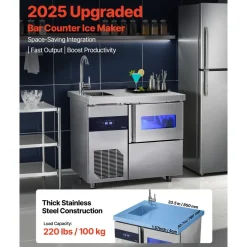 VEVOR Commercial Ice Maker Machine, 132 lbs/24H Stainless Steel Worktop Ice Machine with Sink, 30 lbs Storage & 70 Cubes/Cycle, Self-Cleaning Freestanding Ice-Making for Home Bar Restaurant Kitchen