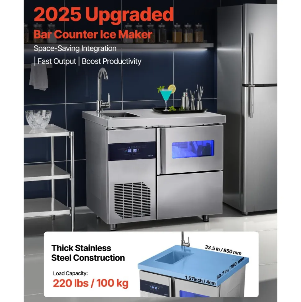 VEVOR Commercial Ice Maker Machine, 132 lbs/24H Stainless Steel Worktop Ice Machine with Sink, 30 lbs Storage & 70 Cubes/Cycle, Self-Cleaning Freestanding Ice-Making for Home Bar Restaurant Kitchen