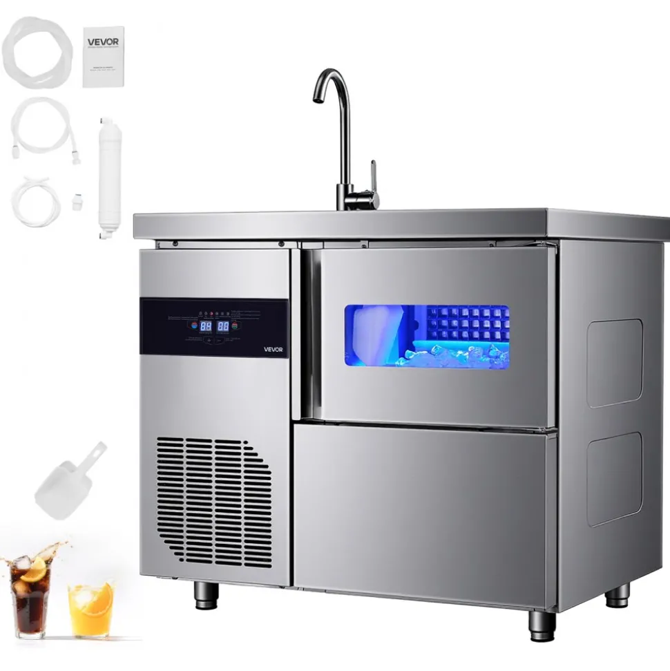 VEVOR Commercial Ice Maker Machine, 132 lbs/24H Stainless Steel Worktop Ice Machine with Sink, 30 lbs Storage & 70 Cubes/Cycle, Self-Cleaning Freestanding Ice-Making for Home Bar Restaurant Kitchen
