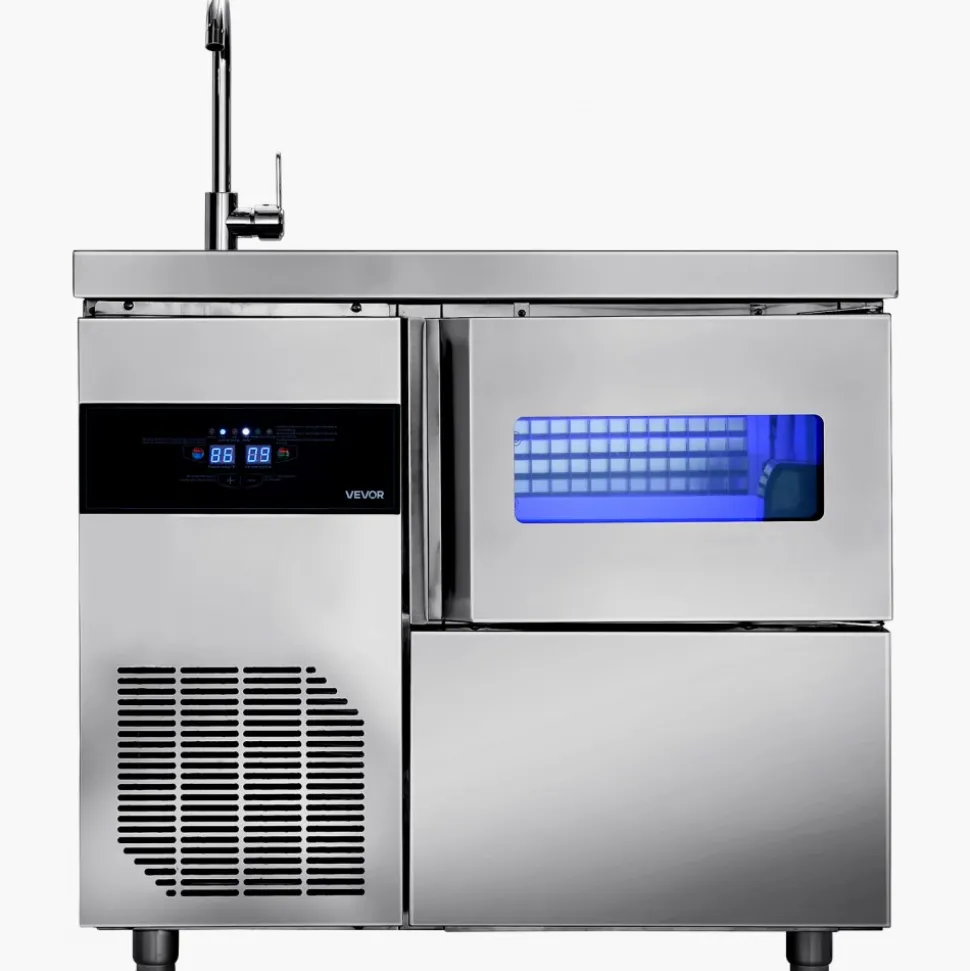 VEVOR Commercial Ice Maker Machine, 132 lbs/24H Stainless Steel Worktop Ice Machine with Sink, 30 lbs Storage & 70 Cubes/Cycle, Self-Cleaning Freestanding Ice-Making for Home Bar Restaurant Kitchen