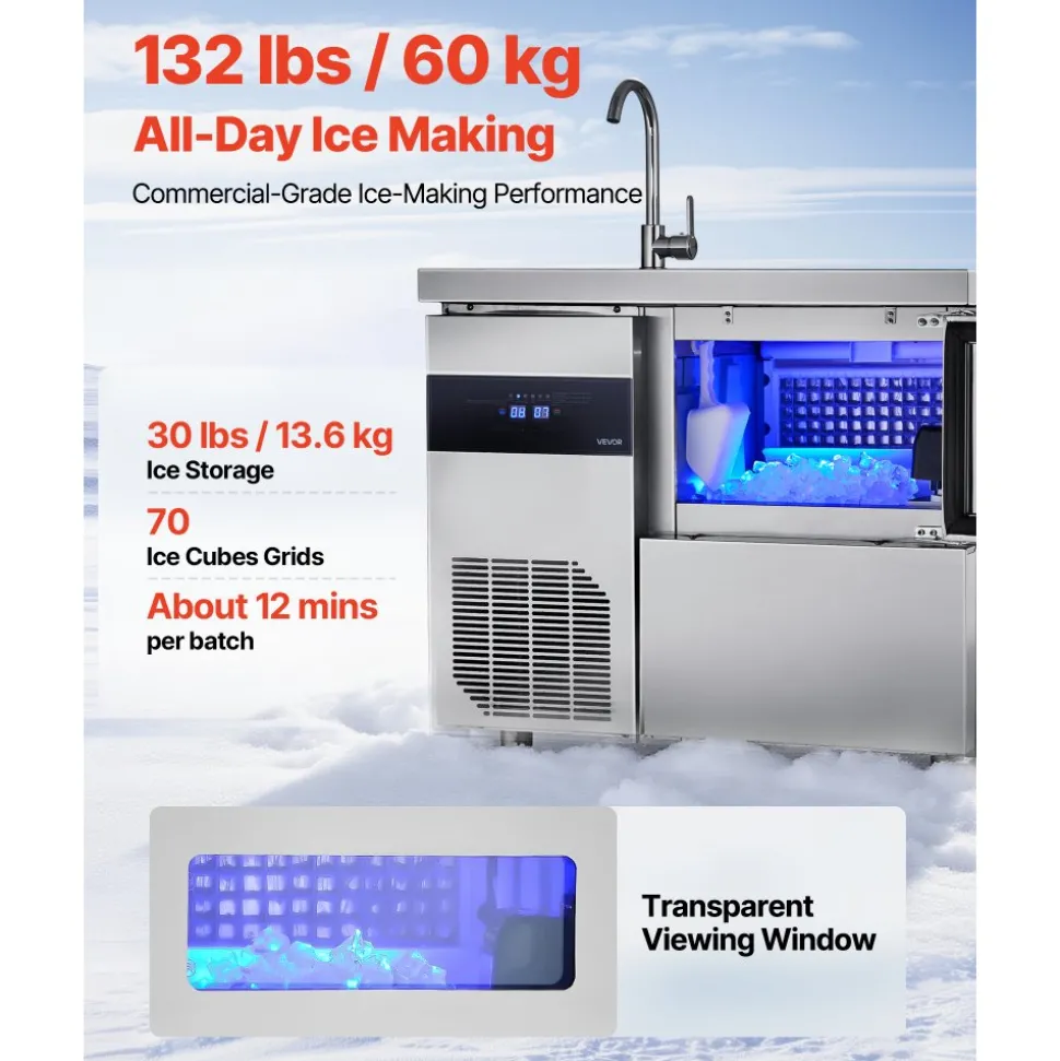 VEVOR Commercial Ice Maker Machine, 132 lbs/24H Stainless Steel Worktop Ice Machine with Sink, 30 lbs Storage & 70 Cubes/Cycle, Self-Cleaning Freestanding Ice-Making for Home Bar Restaurant Kitchen