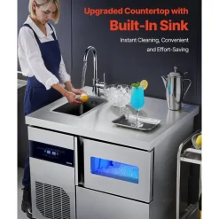 VEVOR Commercial Ice Maker Machine, 132 lbs/24H Stainless Steel Worktop Ice Machine with Sink, 30 lbs Storage & 70 Cubes/Cycle, Self-Cleaning Freestanding Ice-Making for Home Bar Restaurant Kitchen