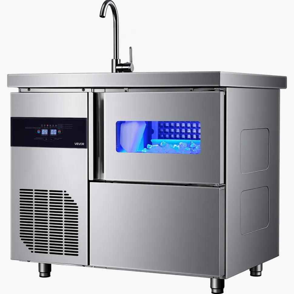 VEVOR Commercial Ice Maker Machine, 132 lbs/24H Stainless Steel Worktop Ice Machine with Sink, 30 lbs Storage & 70 Cubes/Cycle, Self-Cleaning Freestanding Ice-Making for Home Bar Restaurant Kitchen