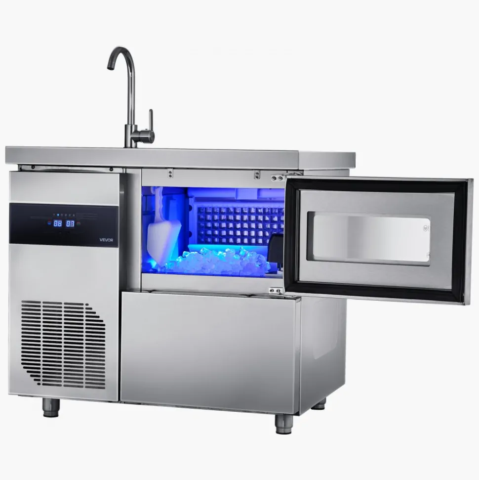 VEVOR Commercial Ice Maker Machine, 132 lbs/24H Stainless Steel Worktop Ice Machine with Sink, 30 lbs Storage & 70 Cubes/Cycle, Self-Cleaning Freestanding Ice-Making for Home Bar Restaurant Kitchen