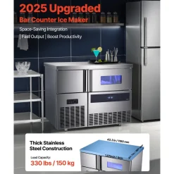 VEVOR Commercial Ice Maker Machine, 330 lbs/24H Stainless Steel Ice Machine with Worktop, 88 lbs Storage & 144 Cubes/Cycle, Self-Cleaning Freestanding Ice-Making for Home Bar Office Restaurant Kitchen