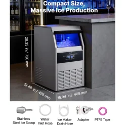 VEVOR Commercial Ice Maker Machine, 120 lbs/24h with 30 lbs Storage Capacity, Built-in/Freestanding/Under Counter, Stainless Steel Ice Maker with LED Display & Self-Cleaning, for Home Bar Restaurant