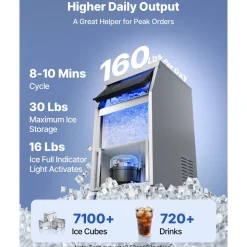 VEVOR Commercial Ice Maker Machine, 120 lbs/24h with 30 lbs Storage Capacity, Built-in/Freestanding/Under Counter, Stainless Steel Ice Maker with LED Display & Self-Cleaning, for Home Bar Restaurant
