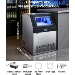 VEVOR Commercial Ice Maker Machine, 90 lbs/24h with 13 lbs Storage Capacity, Countertop/Freestanding/Under Counter, Stainless Steel Ice Maker with LED Display & Self-Cleaning, for Home Bar Restaurant