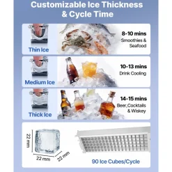 VEVOR Commercial Ice Maker Machine, 90 lbs/24h with 13 lbs Storage Capacity, Countertop/Freestanding/Under Counter, Stainless Steel Ice Maker with LED Display & Self-Cleaning, for Home Bar Restaurant