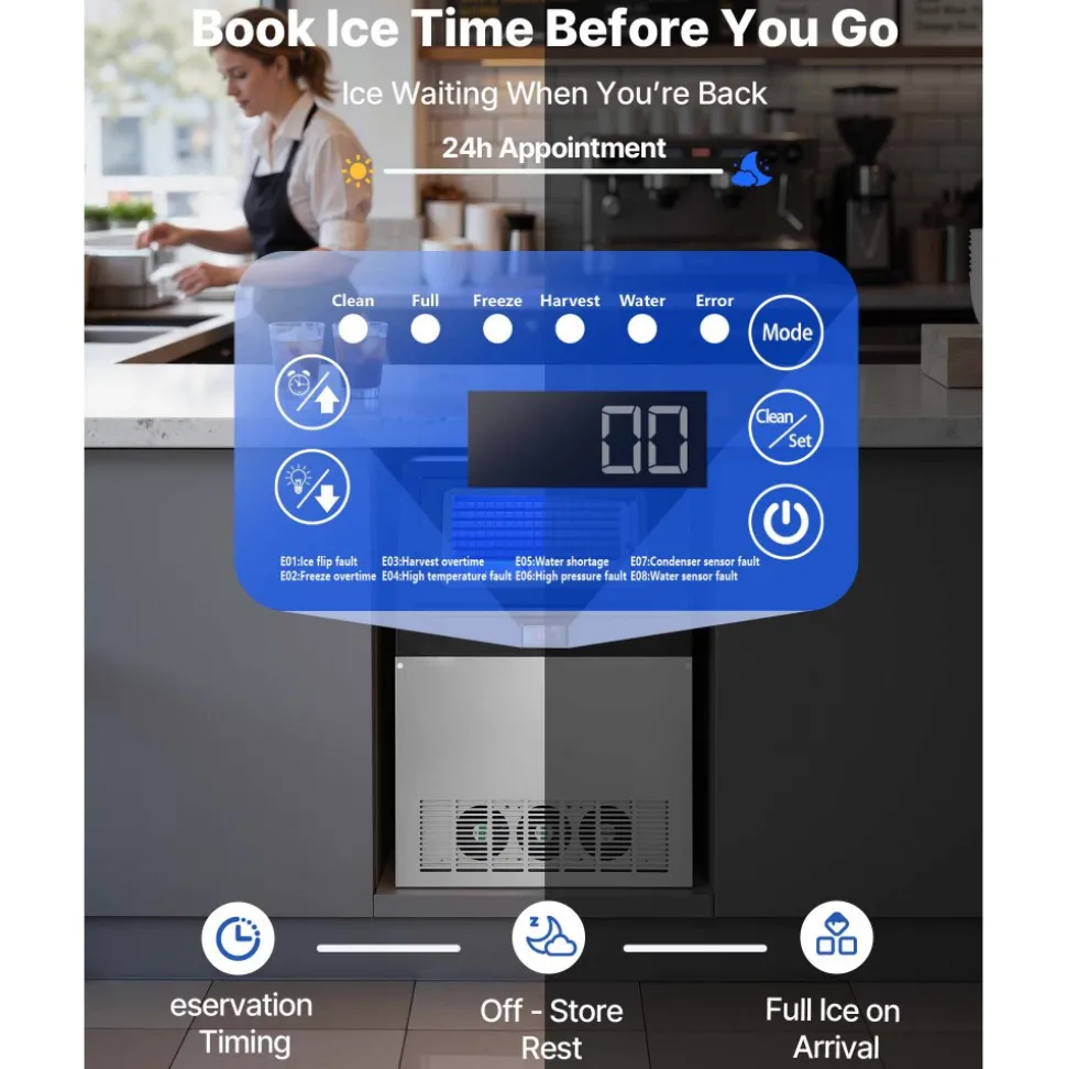 VEVOR Commercial Ice Maker Machine, 90 lbs/24h with 13 lbs Storage Capacity, Countertop/Freestanding/Under Counter, Stainless Steel Ice Maker with LED Display & Self-Cleaning, for Home Bar Restaurant