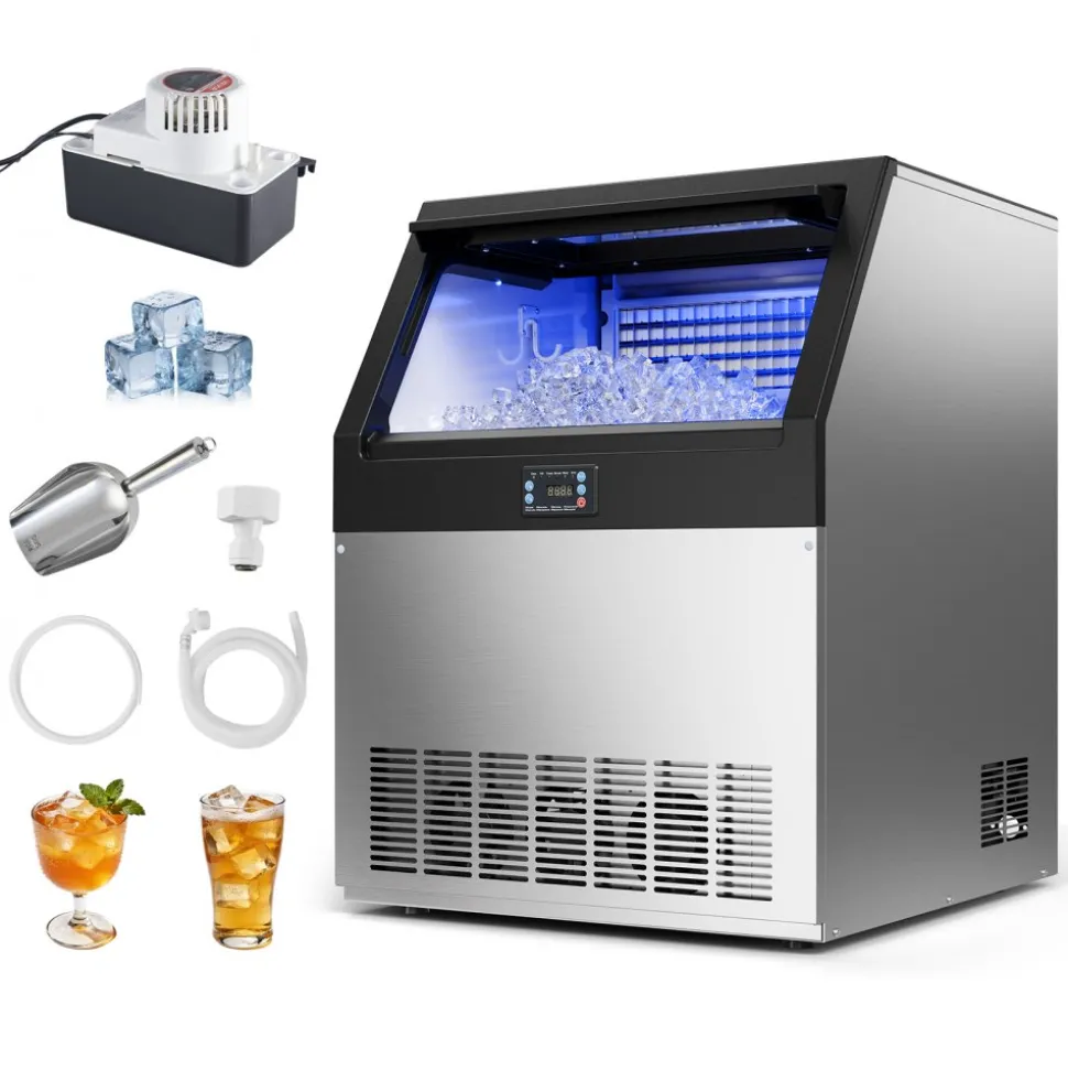VEVOR Commercial Ice Maker Machine, 90 lbs/24h with 13 lbs Storage Capacity, Countertop/Freestanding/Under Counter, Stainless Steel Ice Maker with LED Display & Self-Cleaning, for Home Bar Restaurant