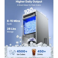 VEVOR Commercial Ice Maker Machine, 100 lbs/24h with 30-35 lbs Storage, Built-in/Freestanding/Under Counter, Stainless Steel Ice Maker with LED Display & Self-Cleaning, for Home Bar Restaurant