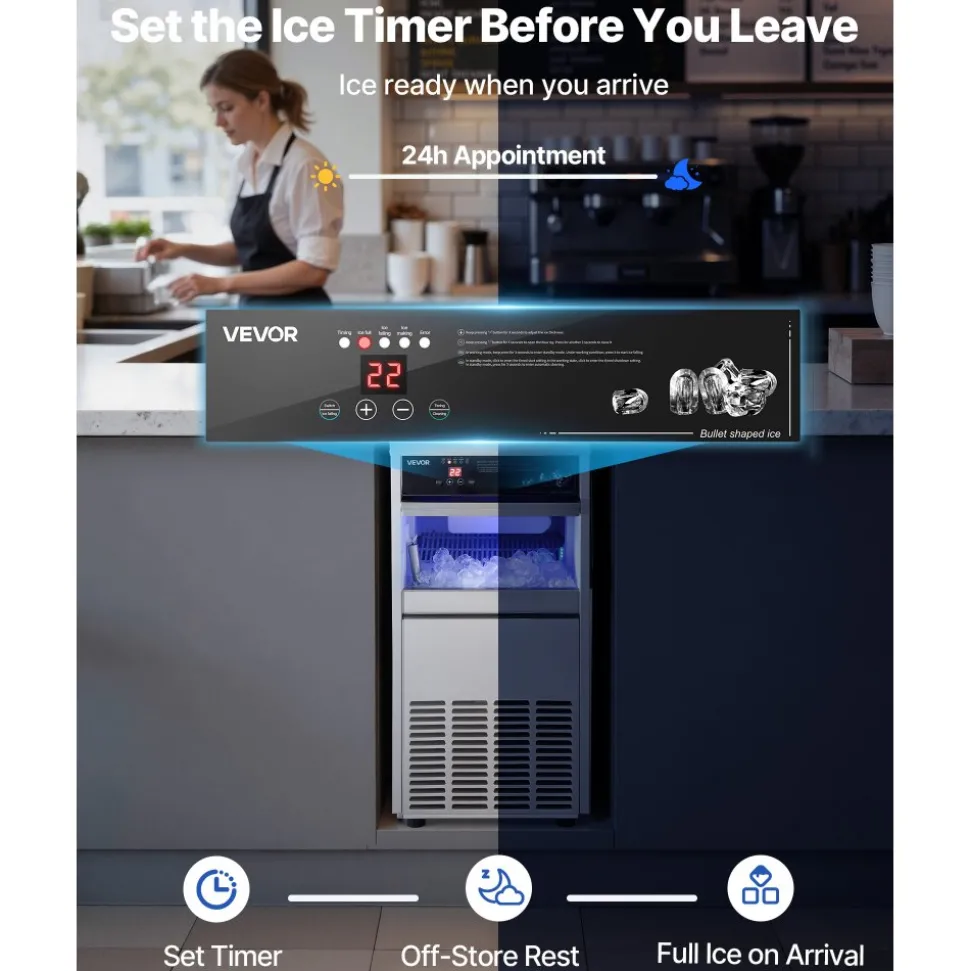 VEVOR Commercial Ice Maker Machine, 100 lbs/24h with 30-35 lbs Storage, Built-in/Freestanding/Under Counter, Stainless Steel Ice Maker with LED Display & Self-Cleaning, for Home Bar Restaurant