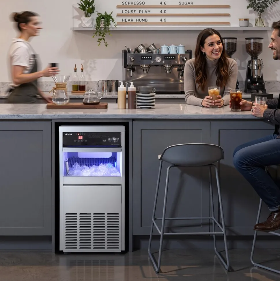 VEVOR Commercial Ice Maker Machine, 100 lbs/24h with 30-35 lbs Storage, Built-in/Freestanding/Under Counter, Stainless Steel Ice Maker with LED Display & Self-Cleaning, for Home Bar Restaurant