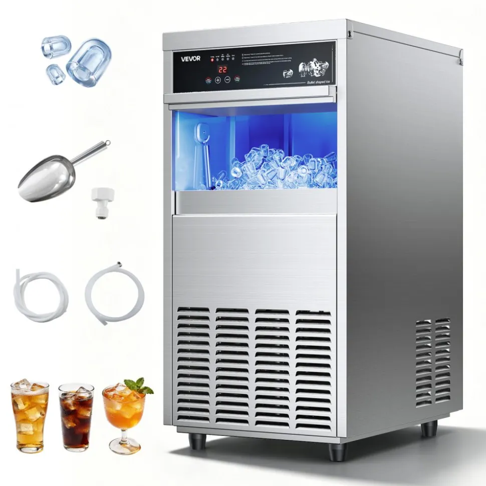 VEVOR Commercial Ice Maker Machine, 100 lbs/24h with 30-35 lbs Storage, Built-in/Freestanding/Under Counter, Stainless Steel Ice Maker with LED Display & Self-Cleaning, for Home Bar Restaurant