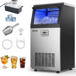 VEVOR Commercial Ice Maker Machine with Pump, 100 lbs/24h with 30 lbs Storage Capacity, Built-in/Freestanding/Under Counter, Stainless Steel Ice Maker with LED Display & Self-Cleaning, for Home Bar