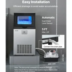 VEVOR Commercial Ice Maker Machine with Pump, 100 lbs/24h with 30 lbs Storage Capacity, Built-in/Freestanding/Under Counter, Stainless Steel Ice Maker with LED Display & Self-Cleaning, for Home Bar