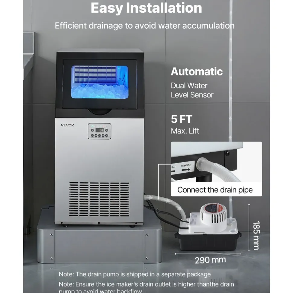 VEVOR Commercial Ice Maker Machine with Pump, 100 lbs/24h with 30 lbs Storage Capacity, Built-in/Freestanding/Under Counter, Stainless Steel Ice Maker with LED Display & Self-Cleaning, for Home Bar