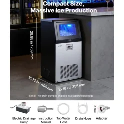 VEVOR Commercial Ice Maker Machine with Pump, 100 lbs/24h with 30 lbs Storage Capacity, Built-in/Freestanding/Under Counter, Stainless Steel Ice Maker with LED Display & Self-Cleaning, for Home Bar