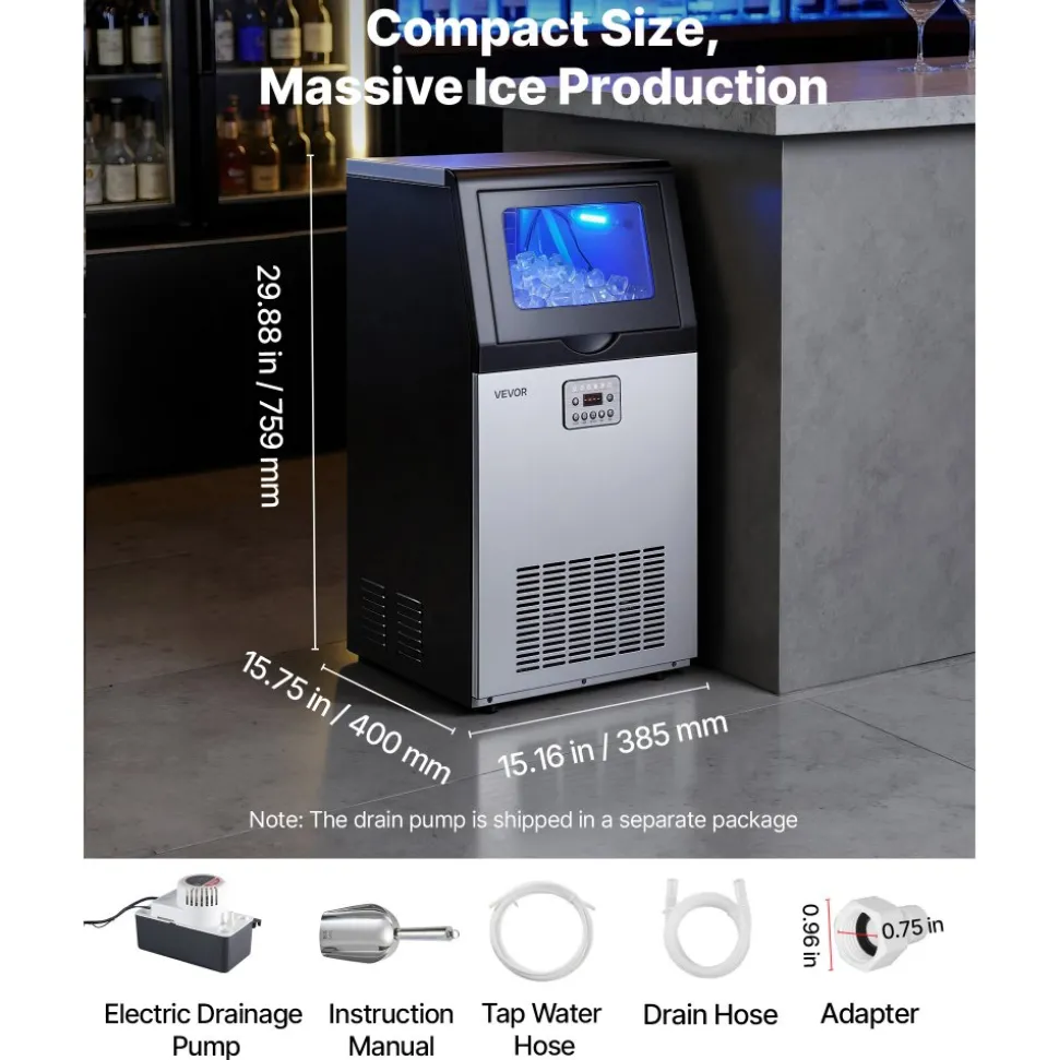 VEVOR Commercial Ice Maker Machine with Pump, 100 lbs/24h with 30 lbs Storage Capacity, Built-in/Freestanding/Under Counter, Stainless Steel Ice Maker with LED Display & Self-Cleaning, for Home Bar