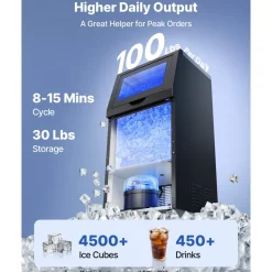 VEVOR Commercial Ice Maker Machine with Pump, 100 lbs/24h with 30 lbs Storage Capacity, Built-in/Freestanding/Under Counter, Stainless Steel Ice Maker with LED Display & Self-Cleaning, for Home Bar