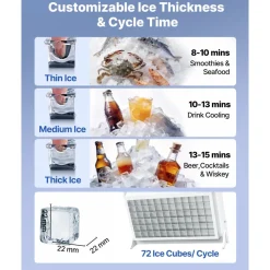 VEVOR Commercial Ice Maker Machine, 200 lbs/24h with 50 lbs Storage Capacity, Built-in/Freestanding/Under Counter, Stainless Steel Ice Maker with LED Display & Self-Cleaning, for Home Bar Restaurant